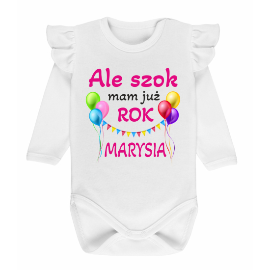 Komplet na roczek z napisem Ale szok mam już rok i imieniem dziecka.
