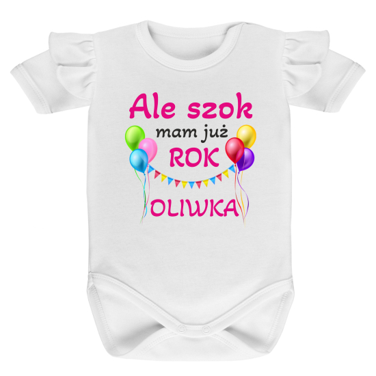Komplet na roczek z napisem Ale szok mam już rok i imieniem dziecka.