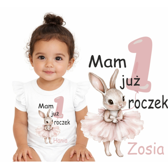 Body na roczek z króliczkiem – personalizowane, „Mam już 1 roczek”, falbanki, 100% bawełna OEKO‑TEX