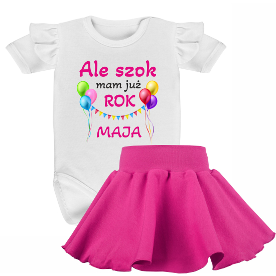Komplet na roczek z napisem Ale szok mam już rok i imieniem dziecka.